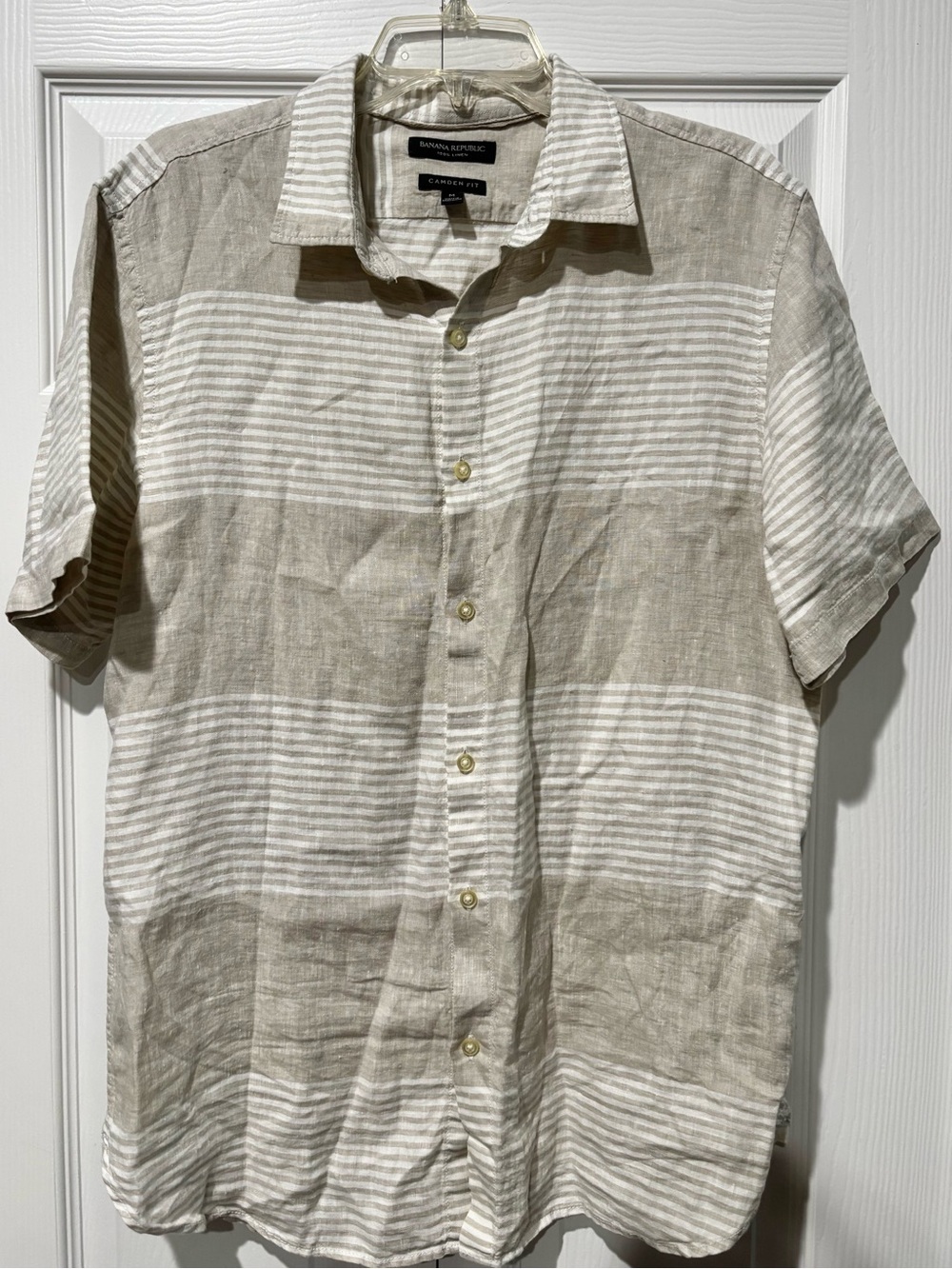 Banana Republic Short-Sleeve Linen Button-Up in Beige & White Stripes